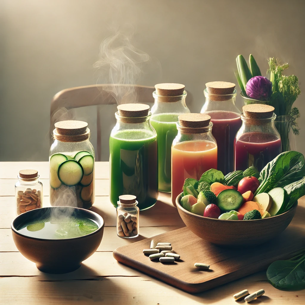 Des jus des legumes et fruits dans des bouteilles en verre. Un bouillon chaude.